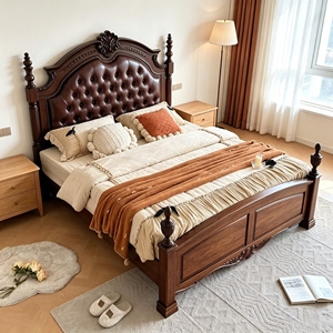 New Arrival Ornate Floral Carved Dark Brown Diamond Tufted Leather Four Poster Solid Wood Bed with Carved Storage Nightstands - Product Image 3