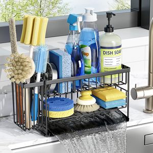 Étagère de rangement pour évier de <span class=keywords><strong>cuisine</strong></span> en métal à 2 niveaux avec supports flexibles pour brosse à vaisselle et éponge pour le rangement sur le comptoir - Product Image 1