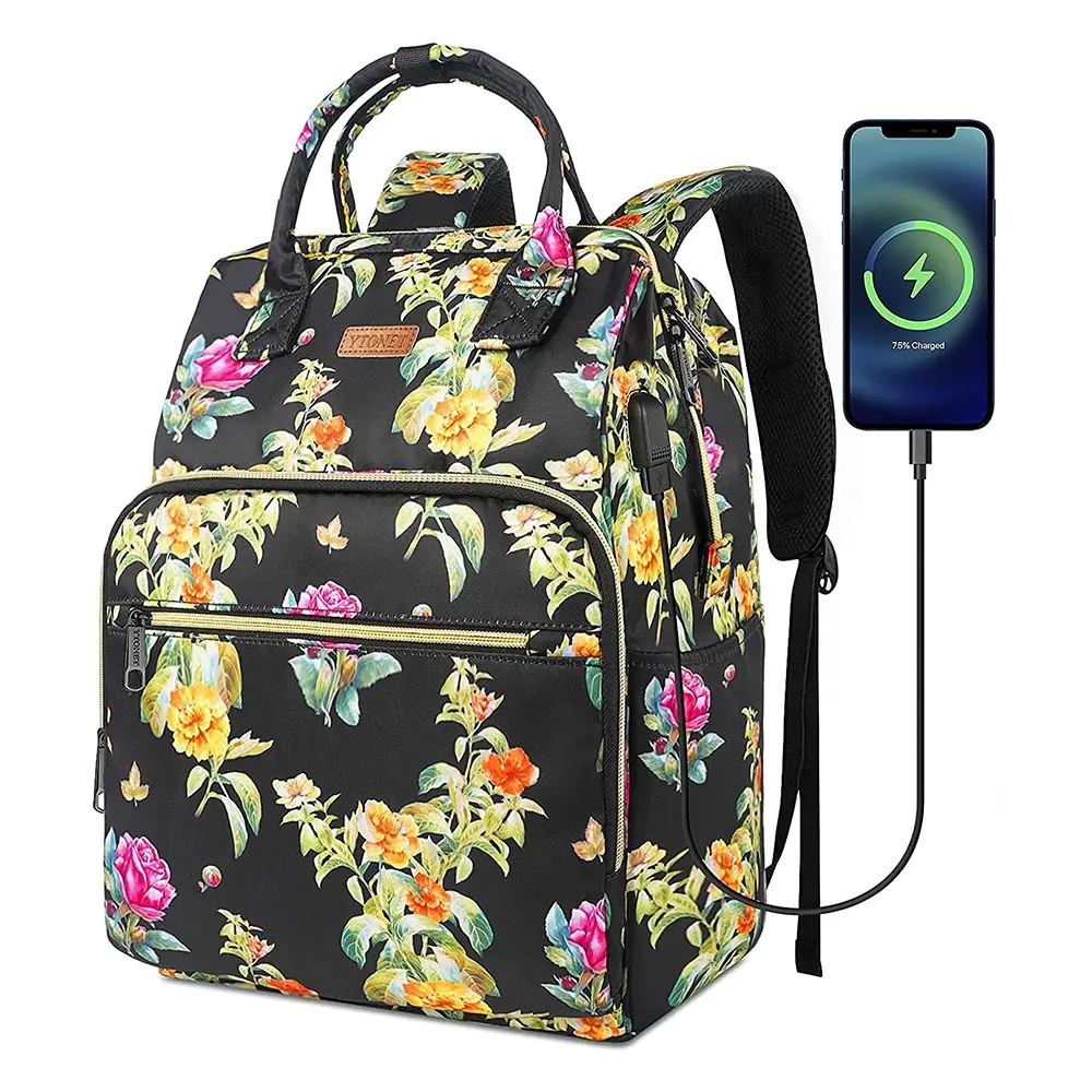 Moda çiçek siyah 15.6 inç kadın dizüstü dizüstü sırt çantası ile usb dizüstü Tote çanta sırt çantası okul sırt çantası