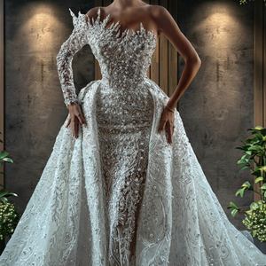 Lusso con perline illusione monospalla matrimonio per sposa africana abito da sposa lungo fino al pavimento in pizzo strascico staccabile con strascico - Product Image 6