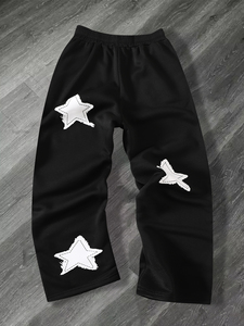 Pantaloni Tuta Streetwear con Stampa a Stelle, Joggers Neri Larghi da Uomo, Logo Personalizzato con Lettere Argento, Pantaloni Casual Hip Hop Ricamati - Product Image 2