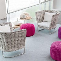 Conjunto de Sofá Modular para Exteriores de Diseño Minimalista, Tejido con Cuerda de Olefina Curvada y Enlazada, Dos Opciones de Grosor de Cuerda, Cojín Impermeable para Patio