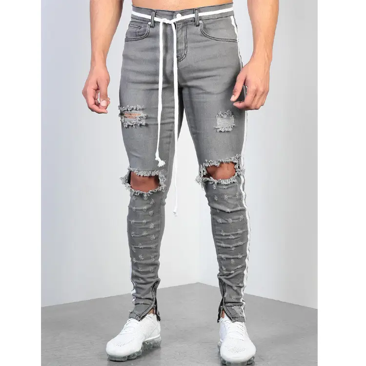 送料無料Moda Streetwear hombres s Jeans gris Skinny Hombre rasgado pantalones vaqueros con cinta lateral Homme Hip Hop