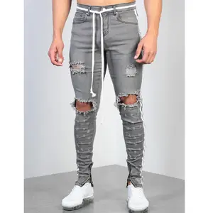 送料無料Moda Streetwear hombres s Jeans gris Skinny Hombre rasgado pantalones vaqueros con cinta lateral Homme Hip Hop