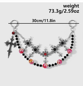 Porte-clés et breloque de sac punk-gothique en alliage de zinc, multicolore, fait main, orné de perles et de strass, avec croix et étoile éblouissantes - Product Image 6