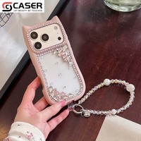 Coque de téléphone de luxe avec oreilles de chat en strass et cordon perlé, étui antichoc scintillant pour iPhone 17 16 15 14 Pro Max