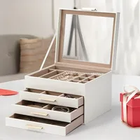 Boîte en bois pour bijoux en MDF à fenêtre à trois couches de grande capacité Mallette de rangement en or pour bracelets et bagues Style bambou en bois