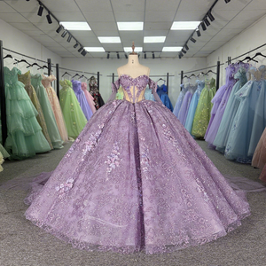 Robes de Quinceañera en dentelle brillante lavande, robe de bal, épaules dénudées, fleurs faites à la main, fête des <span class=keywords><strong>15</strong></span> ans, Dy6839 - Product Image 1