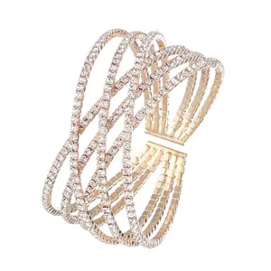 Hot Sale Sparkly 6 Rows Cross Crystal Multilayered Arm Rhinestone Cuff Bangle Bracelet for Women Wedding Party