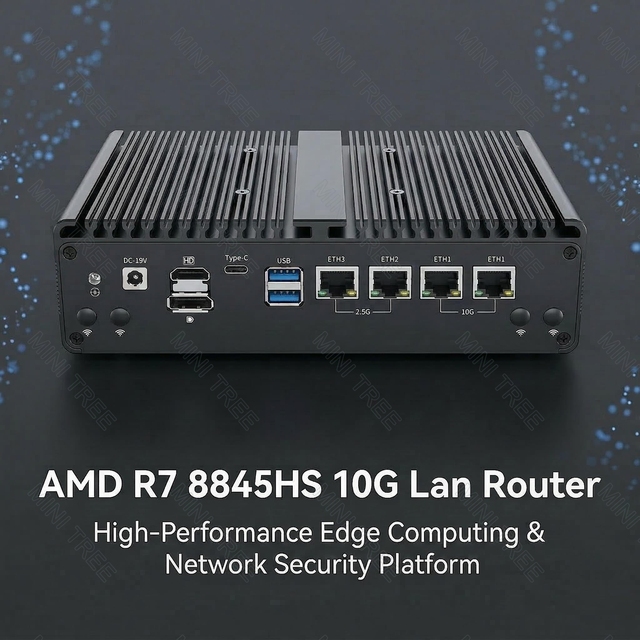 Fanless Mini PC Industrial Server AMD R7 8845HS R5 7640HS 10G 2.5G Soft Router 4xM.2 NVMe SSD Edge Computing AI Gateway Firewall