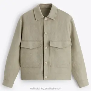 Custom flaps Hip patch pockets shirt collar blend linen jacket for men