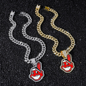 Pendentif sportif en émail <span class=keywords><strong>Cleveland</strong></span> <span class=keywords><strong>Indians</strong></span> Chief Wahoo, bijoux hip-hop unisexe pour enfants, plaqué or 14 carats, alliage de zinc, style cubain glacé - Product Image 1