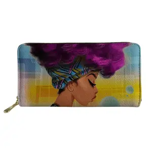 Üretici siyah sanat Afro Lady kızlar baskı PU deri kadın çanta bayanlar için nakit cüzdan kadın sikke moda cüzdan