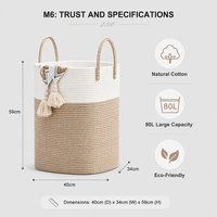 Grand panier à linge pliable en corde de coton bicolore de 80 L avec poignées pour la chambre d'enfant, la salle de bain et la décoration intérieure