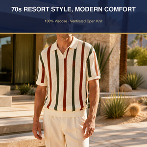 Polo en tricot pour <span class=keywords><strong>homme</strong></span> 100% viscose, tricot ouvert, rayures verticales, manches courtes, style rétro, col Johnny, logo personnalisé, OEM, vente en gros - Product Image 2