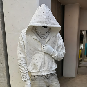 Nhà Sản Xuất Tùy Chỉnh Phong Cách Đường Phố Nặng Trọng Lượng Thiết Kế Sang Trọng Bông Kim Cương Rhinestone Zip up Áo Cho Nam Giới - Product Image 3