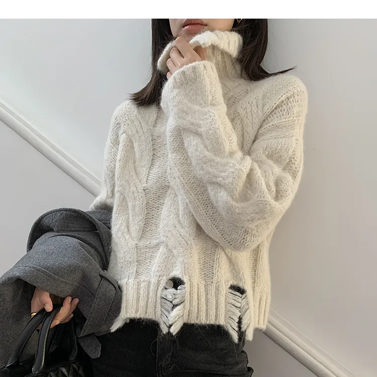 Kingsun OEM ODM custom design knit turtle neck high neck cable knit distressed thick alpaca fuzzy cozy women sweaters