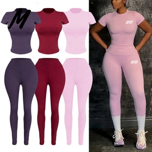 Completo Sportivo Due Pezzi: Top Aderente Manica Corta/Lunga e Leggings a Vita Alta, Abbigliamento per Yoga e Fitness da Donna - Product Image 1