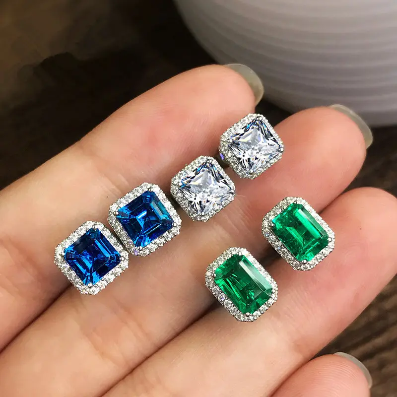 European Luxury Geometric Square Green Blue Crystal Stud Earrings Full Rhinestone Cz Emerald Sapphire Stud Earrings for Wedding