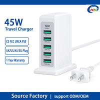 Chargeur rapide universel HNT Wholesale 45W PD à 6 ports, adaptateur de voyage, station de charge pour iPhones, ordinateurs portables avec prise US, EU, UK, AU