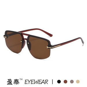 Men's T-Shaped Double-Bridge Sunglasses Pc <b>Frame</b> Uv400 Protection Fashionable Aviator Style - Product Image 2