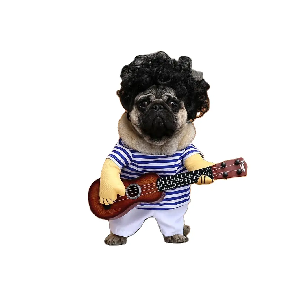 Funny Rock Guitar Singer Cosplay Costume Wig T-shirt Set For Puppy Cat Dog Party Halloween Pet Dog Clothes
