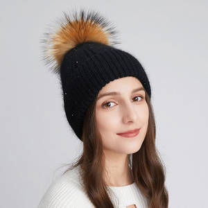 If me-chapeaux tricoté en laine, pour femmes, fourrure naturelle, <span class=keywords><strong>pompon</strong></span> rayé, large manchette, chapeau de Ski, tête de mort, nouveau, hiver - Product Image 1