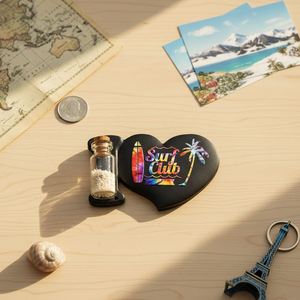 Autocollant magnétique pour réfrigérateur en résine en forme de cœur imprimé numériquement sur mesure avec bouteille de sable - Product Image 1