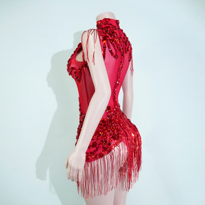 Justaucorps Scintillant Rouge Rubis Passionné avec Franges en Strass pour Danse Flamenco, Tango, <span class=keywords><strong>Samba</strong></span>, Spectacle, Diva, Showgirl, Tenue de Scène, Événementiel - Product Image 5