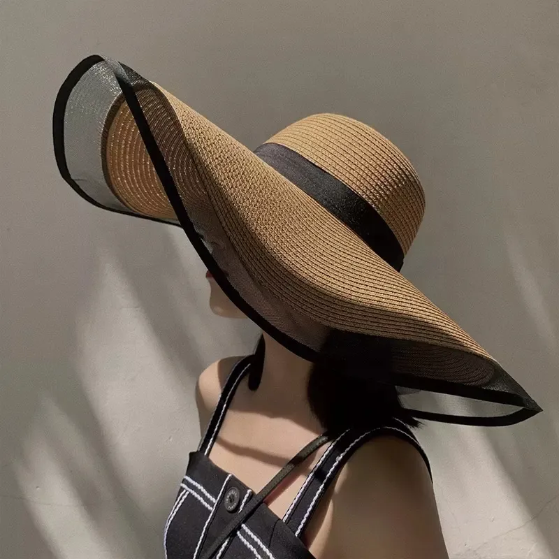 숙녀 흰색 야외 접이식 대형 와이드 챙 여성 여름 태양 모자 자외선 차단제 비치 밀짚 모자