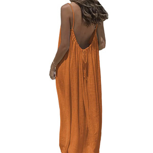 Abito Lungo Estivo da Donna Casual Tinta Unita con Schiena Scoperta Oversize Senza Maniche con Spalline Sottili per Vacanze al Mare - Product Image 3