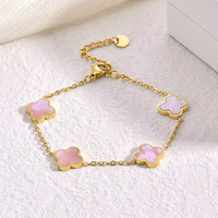 Bracelet personnalisé en acier inoxydable 316L, coquille rose, trèfle à quatre feuilles, plaqué or 18 carats, trèfle porte-bonheur, bracelet réglable pour femmes