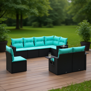 D0100X38NV8 Set di divani da giardino in polyrattan nero da 8 pezzi con cuscini, mobili da esterno - Product Image 2