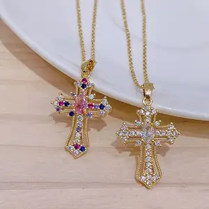 DAIHE Fashion Simple Vintage Punk Diamond Copper Gold Cross Pendant Necklace Jewelry