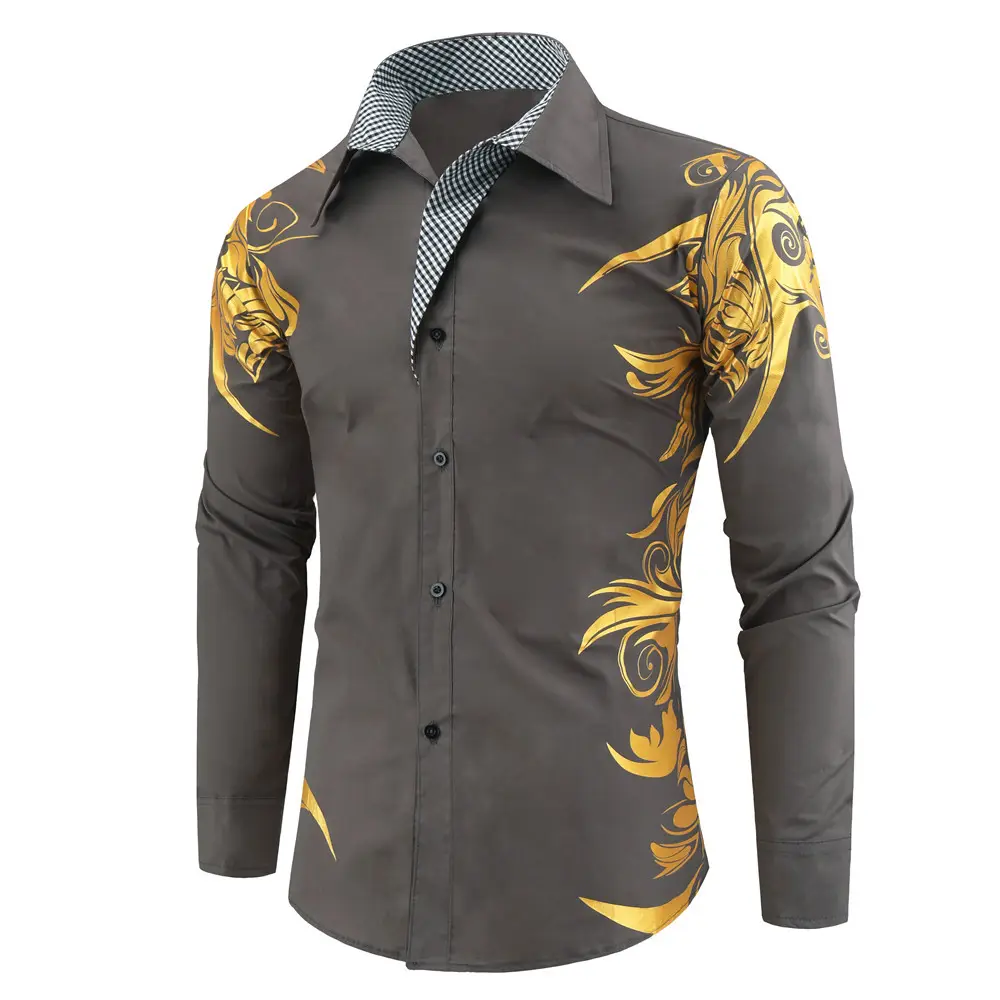 Hot sale Luxury Slim Fit Long Sleeve Camisa Masculina Gold Black Chemise Homme Social Men Club Prom Shirt