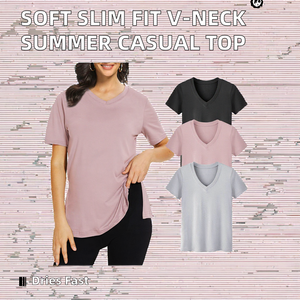 เสื้อยืดคอวีผู้หญิง ผ้าโพลีเอสเตอร์ 100% ทรงเข้ารูป สวมใส่สบาย ระบายอากาศได้ดี เหมาะสำหรับฤดูร้อน แบบเรียบสีพื้น ทอแบบถัก - Product Image 2