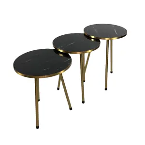 Set Of 3 High Gloss Black Marble Gold Legs Nesting End Tables Coffee Table Set Round Wood Stacking Coffee Side Accent Table With