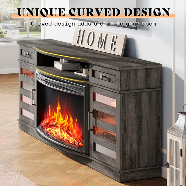 70" Barnwood White Farmhouse Curved Fireplace TV Stand With 36'' Electric Fireplace/Led Light/Glass Door & Adjustable Shelves