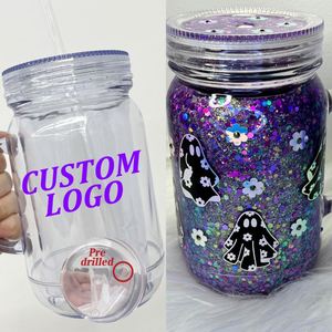 20oz <b>Double</b> <b>Walled</b> Blank Clear Snow Globe Glitter Plastic Mason Jar Acrylic <b>Mugs</b> Cups With Handle Pre Drilled Hole - Product Image 1