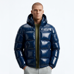Chaqueta acolchada con capucha azul marino para hombre, a prueba de viento, con cierre de cremallera, abrigo de plumón, chaqueta acolchada de poliéster/nailon más vendida. - Product Image 1