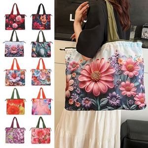 Bolsa de Compras Reutilizable, Plegable, Impermeable, de Poliéster, Colorida, con Diseño de Flores Impresas Personalizadas, Ecológica, para Supermercado, 2026 - Product Image 4