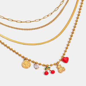 Chic Layered <b>Necklace</b> With <b>Cherry</b> Heart Coin Pendant Zinc Alloy Gold Tone Fashion Jewelry - Product Image 1