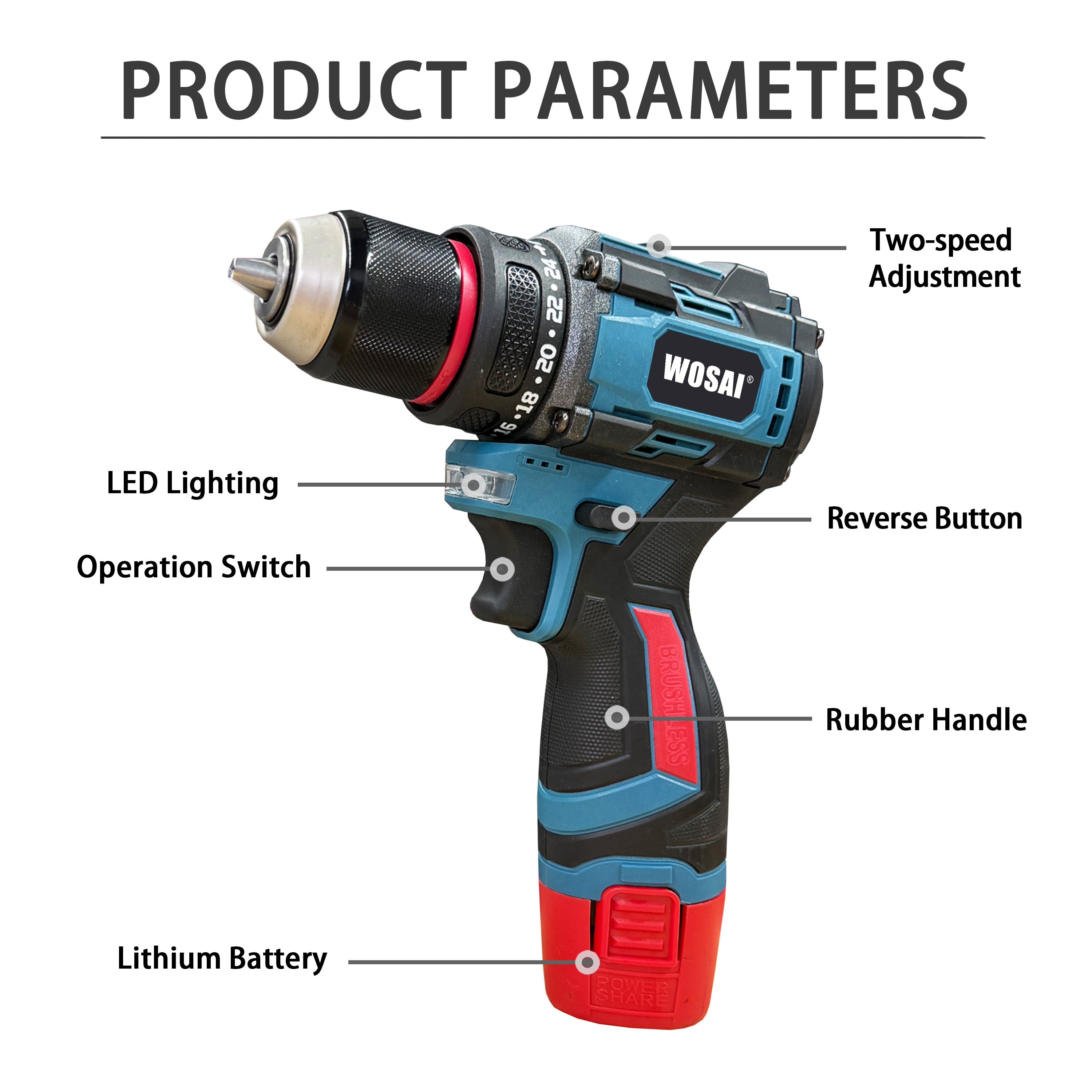 WOSAI 12V Cordless Drill Brushless Electric Screwdriver Power Driver with DC Lithium Ion Battery Power Tool Drill · image 4