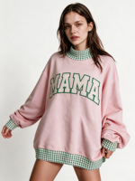 Sweat-shirt à col montant brodé patchwork pour femme, en molleton de coton, manches longues avec détail manches bouffantes, pull d'automne, vente en gros