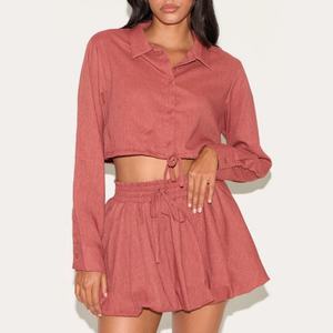 Conjuntos de Dos Piezas de Moda para Mujer, Trajes de Lino y Algodón Sólido de Alta Calidad, Pantalones Cortos por Encima de la Rodilla y Blusas de Manga Larga - Product Image 1