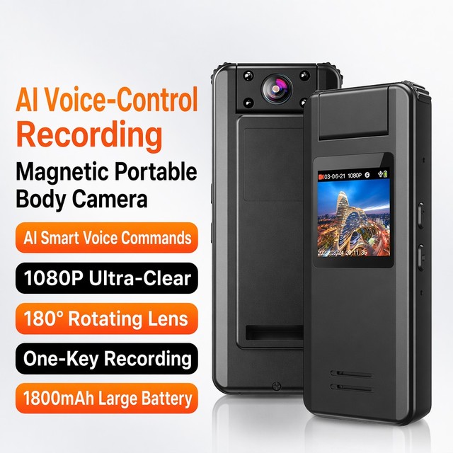 1080P HD Body Worn Camera AI Voice Control 180 Rotating Lens IR Night Vision MicroSD Portable Audio Video Recorder Magnetic