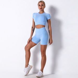 Tuta sportiva Sexy da ragazza abbigliamento Fitness Yoga a manica corta Set top corti da palestra abbigliamento sportivo da corsa <span class=keywords><strong>Leggings</strong></span> da donna pantaloni in due pezzi - Product Image 3
