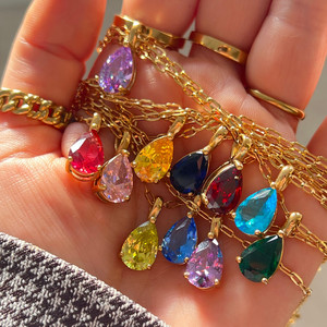 Chất lượng cao không gây dị ứng thép không gỉ 18K mạ vàng Màu Zircon waterdrops 12 birthstones xương đòn Chuỗi vòng cổ - Product Image 4