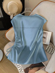 Women's <b>Satin</b> V-Neck Drawstring Ruched <b>Blouse</b> - Cap Sleeve Asymmetrical Hem Top Shirt Fashion - Product Image 5