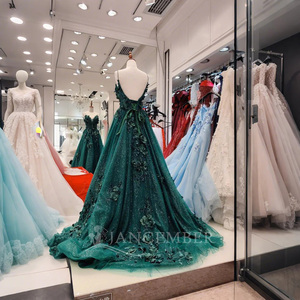 Para ANY09 elegante correa de espagueti verde oscuro A-Line vestidos de noche formales apliques de cuentas bordado capilla Natural - Product Image 3